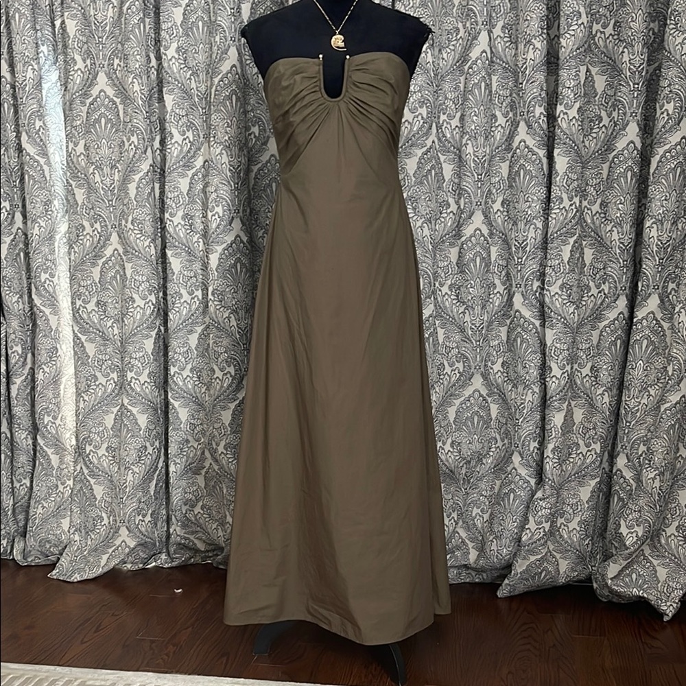 Olive green cotton strapless dress with gold hardware